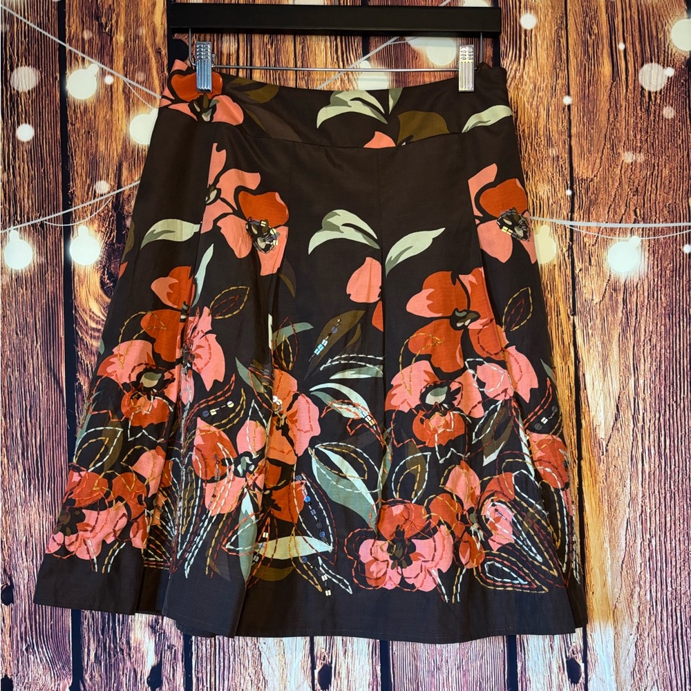 Talbots Brown Silk/Cotton Blend with Sequins and Embroidered A-Line Skirt